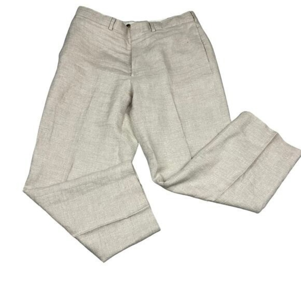 Lands End Linen Pants Mens 36 Beige‎ Excellent Flat Front Straight Leg Trousers
